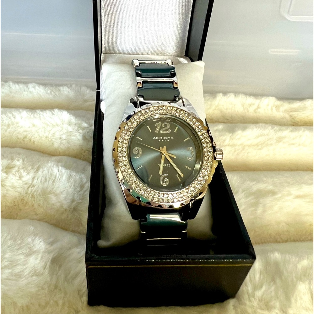 Akribos watch with blue ceramic band